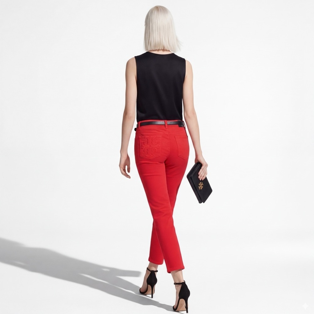 Tory Burch Red Cropped Skinny Jeans Embroidered Logo Pockets Size 26 denim NEW - Picture 4 of 15